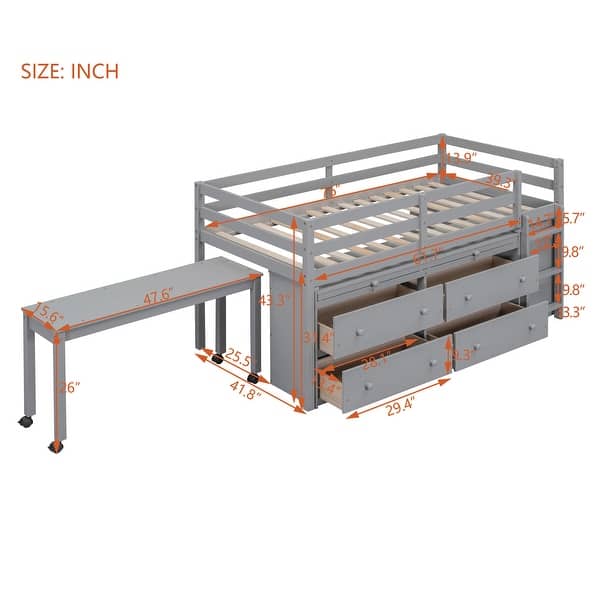 Twin Size Loft Bed with Retractable Writing Desk and 4 Drawers, Wooden Loft Bed with Lateral Portable Desk and Shelves