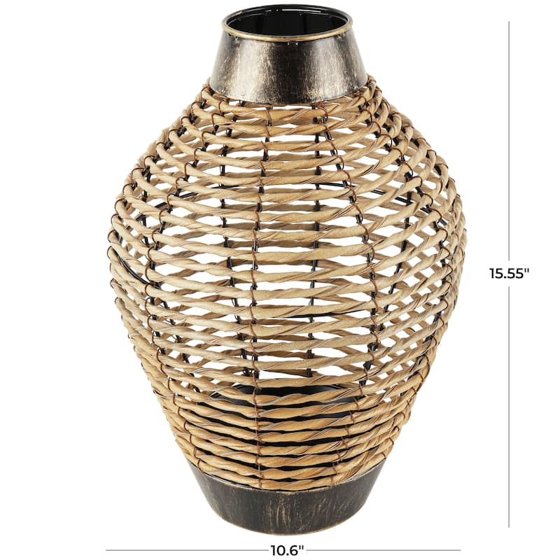 Bronze Plastic Rattan Handmade Twisted Decorative Vase with Open Frame Design and Bronze Metal Details
