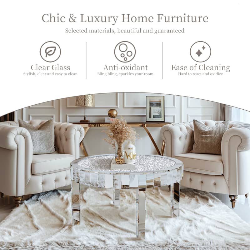 Mirrored Glass Coffee Table with Crystal Diamonds Surface Mirror Beveled Side Table