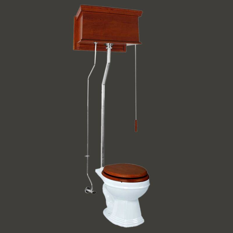 High Tank Toilet - Light Mahogany Flat Tank, White Elongated Bowl and Chrome L Pipe Renovators Supply