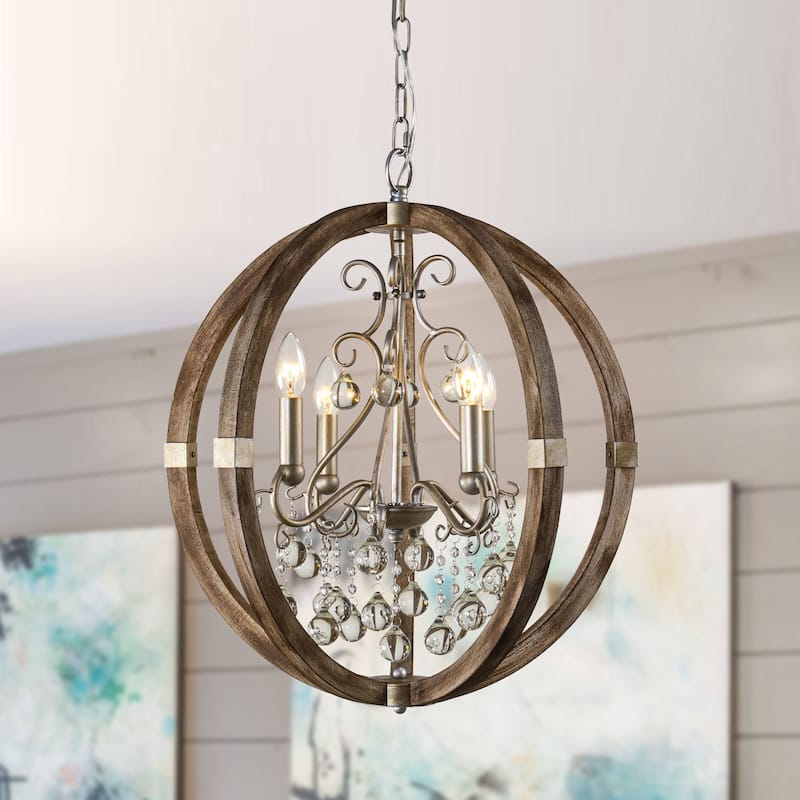 Farmhouse Brown 4-Light Wood Frame Crystal Globe Chandelier - 21.7-in W x 24.7-in H