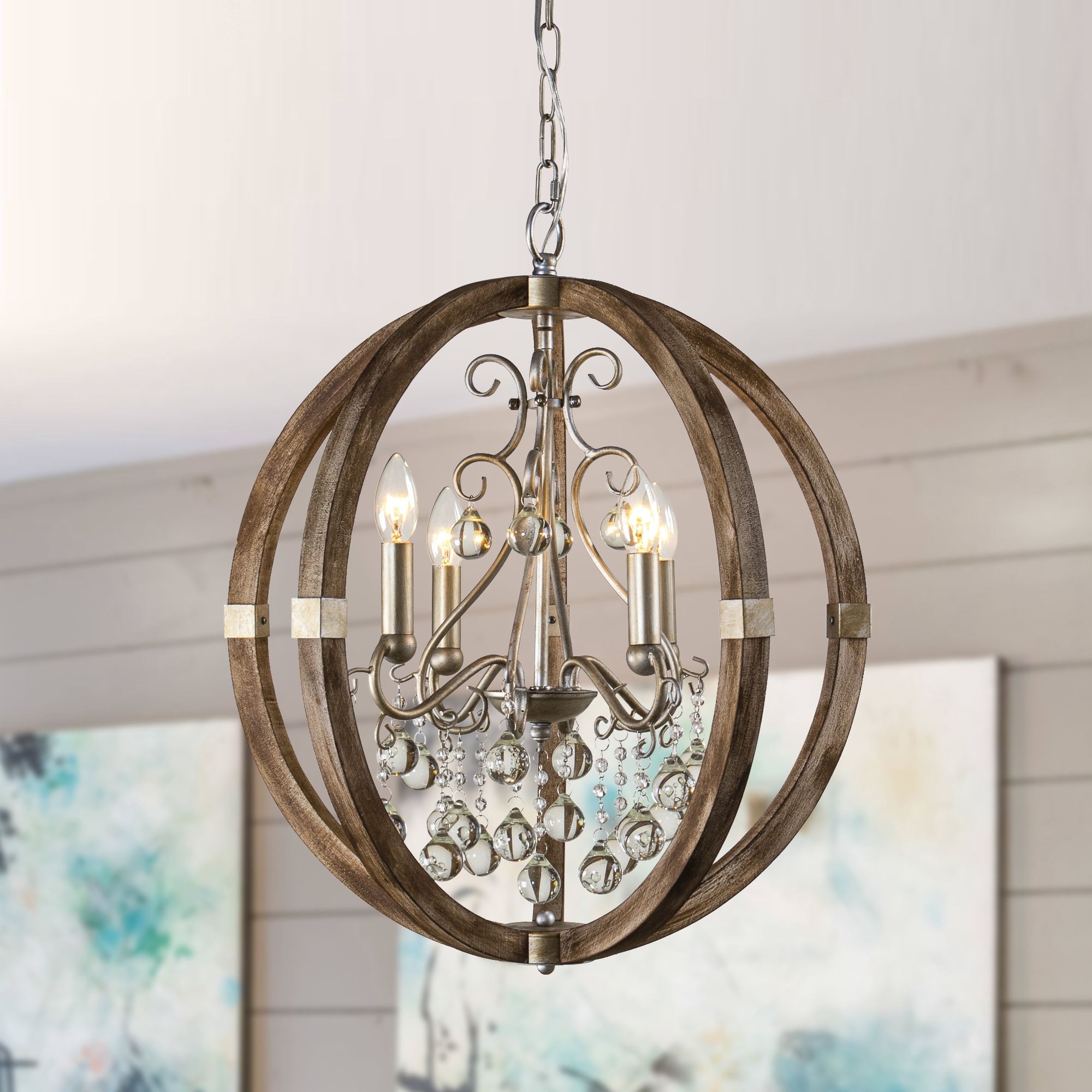 Farmhouse Brown 4-Light Weathered Wooden Frame Globe Crystal Chandelier - 21.7" W x 24.7" H