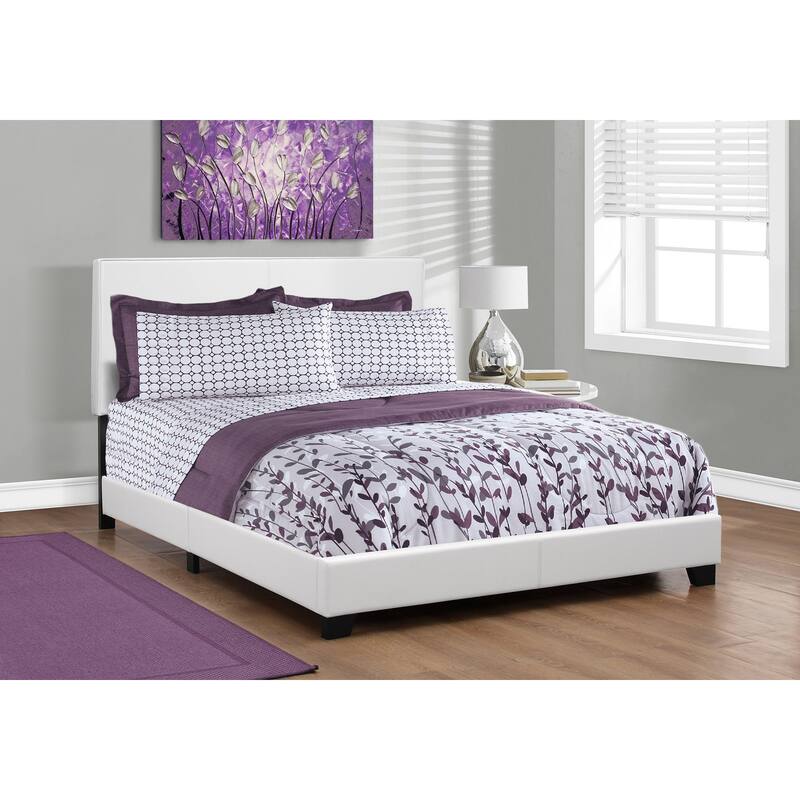 Queen Size Upholstered Bed Frame with White Leather Look Headboard - White
