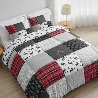 Sweet Jojo Designs Grey Black Red Woodland Plaid Arrow Rustic Patch Collection Boy 3pc Full / Queen-size Comforter Set