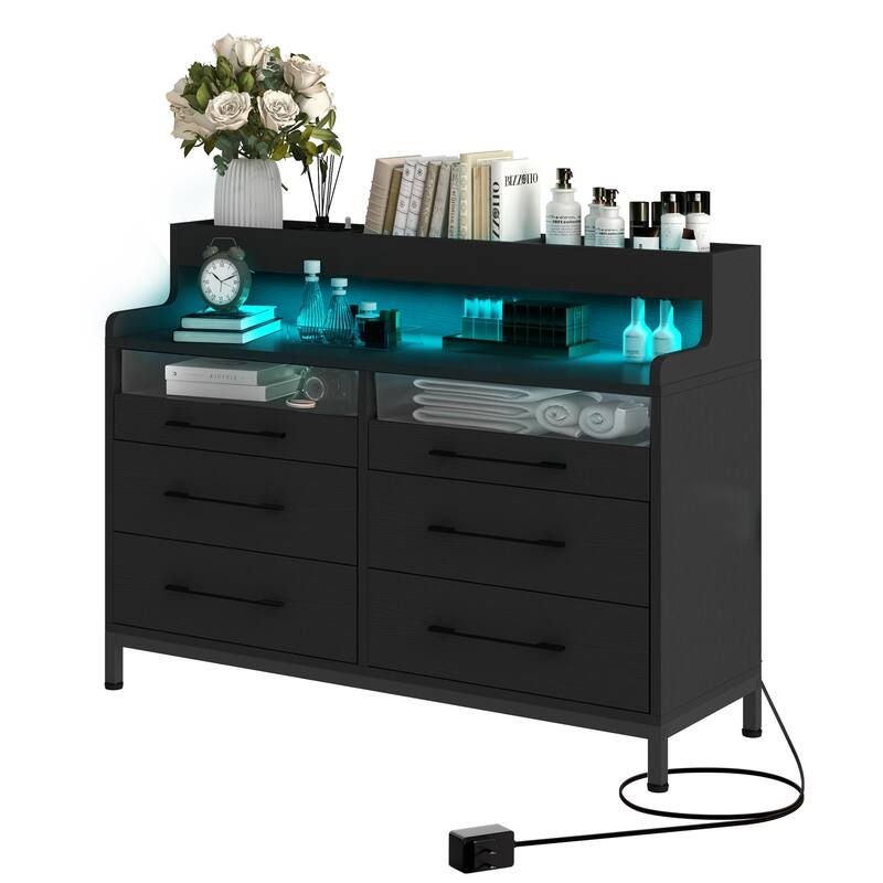 Moasis 6 Drawer Dressers & Chests of Drawers with LED Light Open Shelf Storage - Black