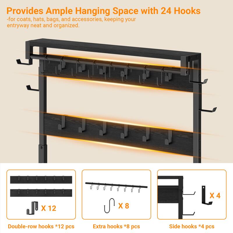 6-in-1 39.4"Hall Tree with Bench Entryway Shoe Rack w/24 Hooks & 2 Drawers
