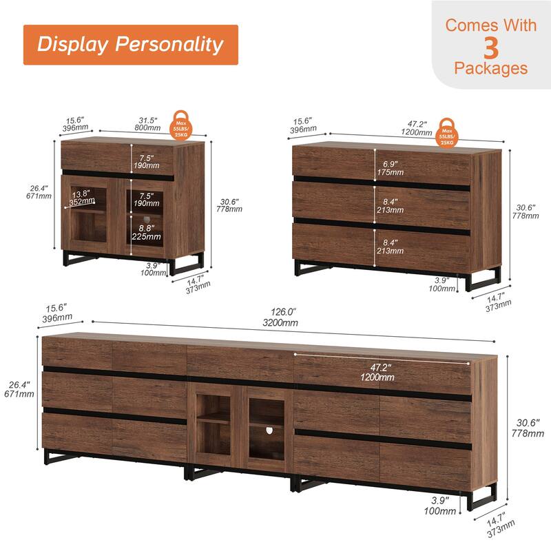 3 in 1 TV Stand for TVs up to 120 inches, Modern TV Console with Glass Doors and 13 Drawers for Living Room