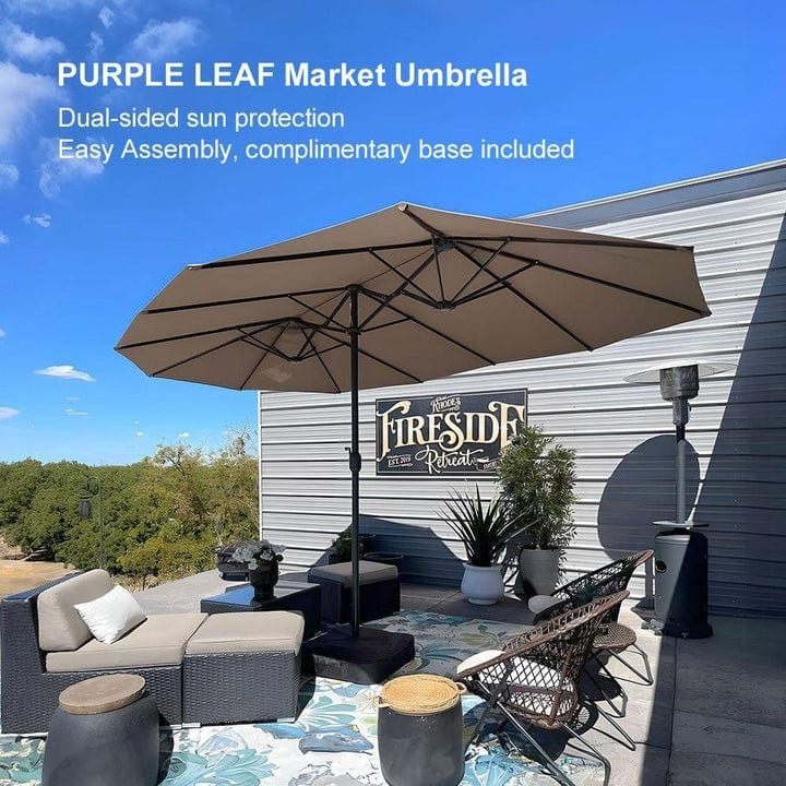 PURPLE LEAF 15ft Patio Market Umbrella with Lights OR Without lights and Base Double-Sided Rectangle Outdoor Table Sun Umbrellas - Taupe without lights
