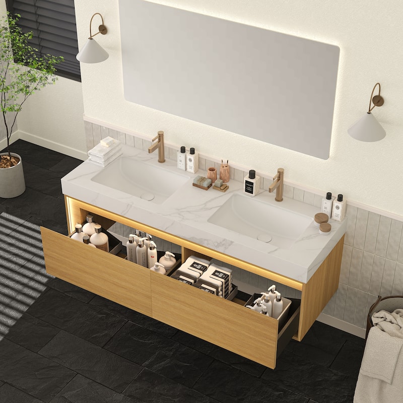 GDFStudio - Nyah Bathroom Vanity with Ultra-Slim Grille Drawer, Sensor Light, Travertine-Pattern Top - 60" - Light Oak