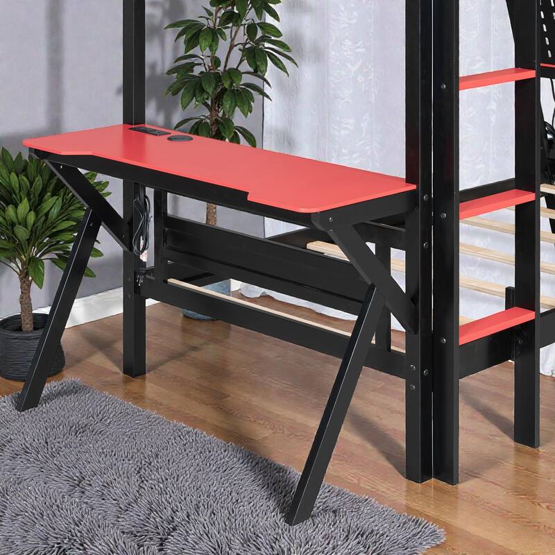 Twin/Full Gaming Bunk Bed with Dual Desks, USB Charging Ports and Pegboard Organizer, Gamer Bunk Frame