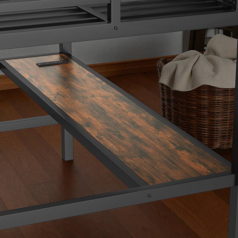 Metal Twin/Twin XL Loft Bed with Desk, Power Outlet & LED Lights, Space-Saving Noise-Free Frame for Study or Gaming Area