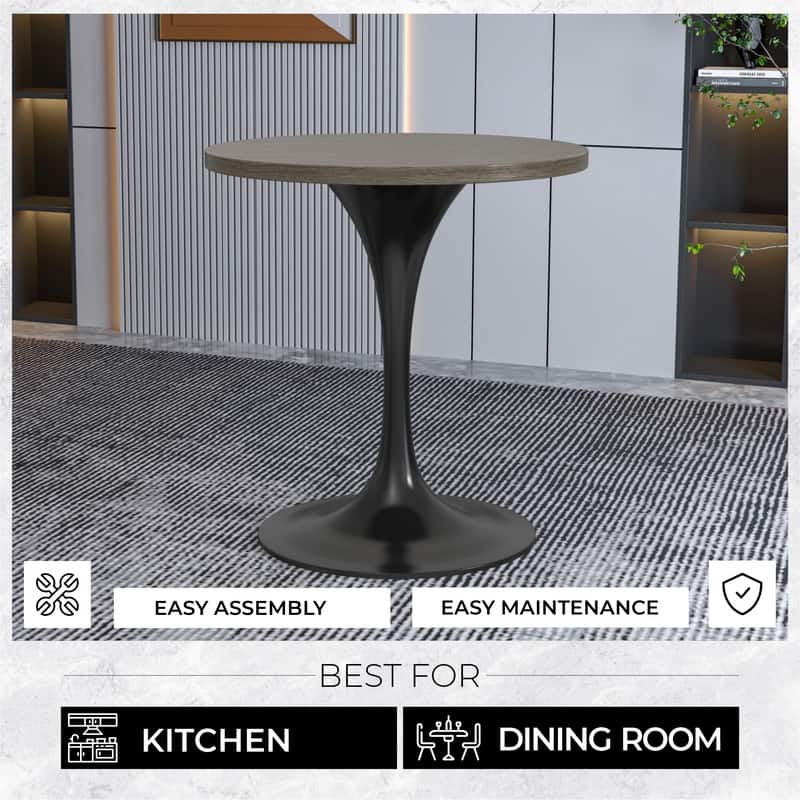 LeisureMod Verve 27" Round Dining Table with MDF Wood TableTop and Black Steel Base for Kitchen & Dining Room - 27.56"