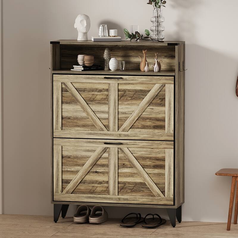Shoe Rack, Shoe Cabinet with 2 Flip Drawers, Front Door Shoe Rack with Metal Legs and Adjustable Shelf