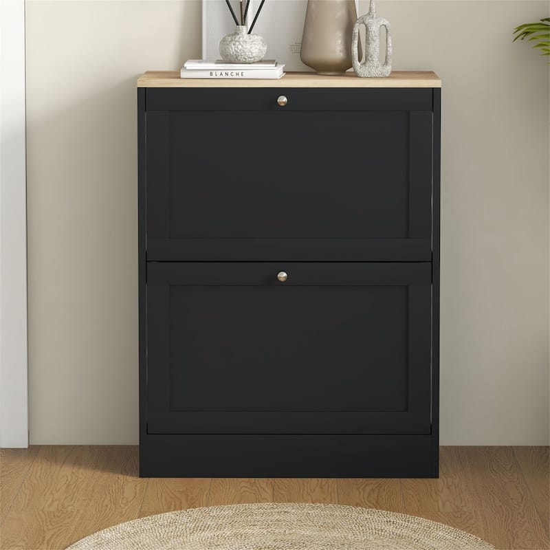 Wood Slim Shoe Cabinet with 2 Flip Drawers and Adjustable Shelves - Black