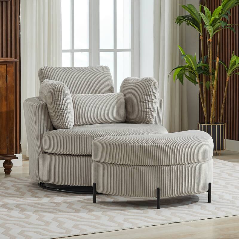 42.3"W Upholstered Swivel Accent Chair with 4 Pillows and Half-Moon Storage Ottoman - Grey/Corduroy