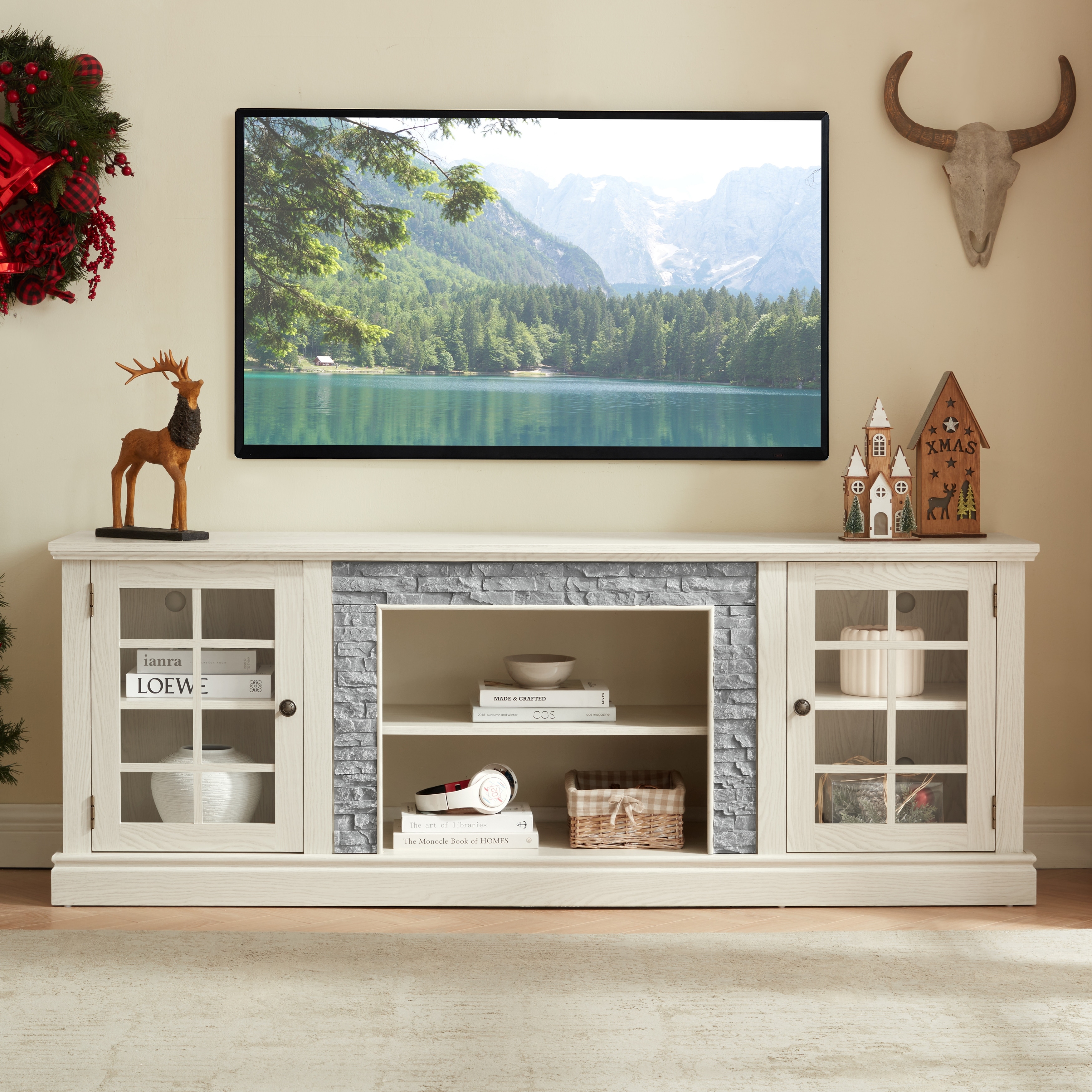 70" Modern TV Stand with 2-Door Storage, Faux Stone Media Console Cabinet, Large Entertainment Center for Living Room