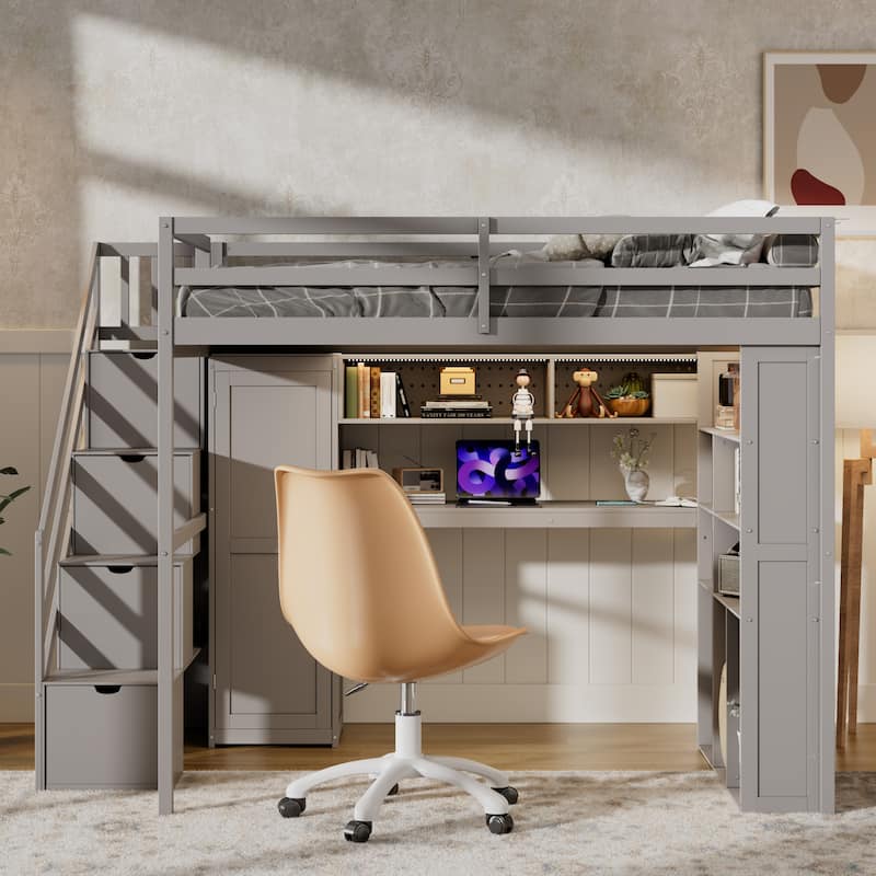 Full Loft Bed with Built-In Wardrobe & Study Desk - Space-Saving Frame with LED Lights & Shelves - Grey - Full