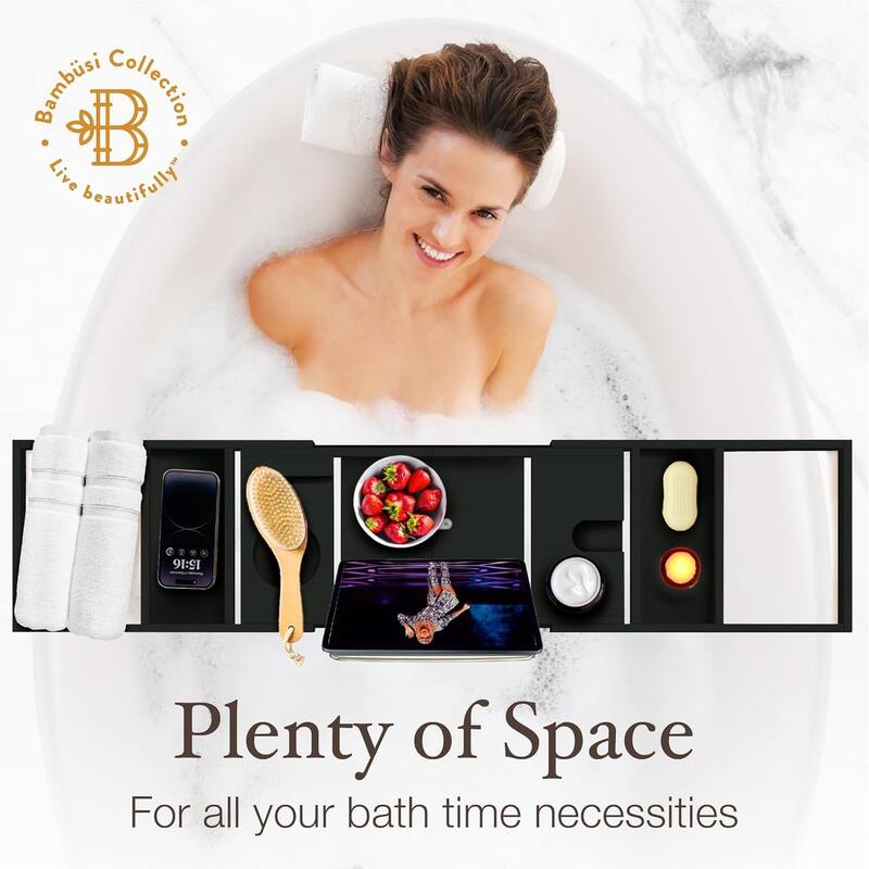 Bamboo Bathtub Tray for Tub - Expandable Bath Tray, Book & Tablet Holder - Bath Table, Tub Tray, Bathtub Caddy, Foldable Design