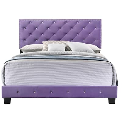 Tufted Faux Jewel Velvet Upholstered Queen Panel Bed - 83" - Purple