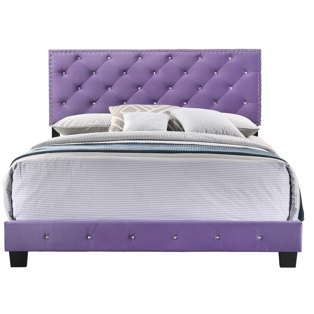 Tufted Faux Jewel Velvet Upholstered Queen Panel Bed - 83" - Purple