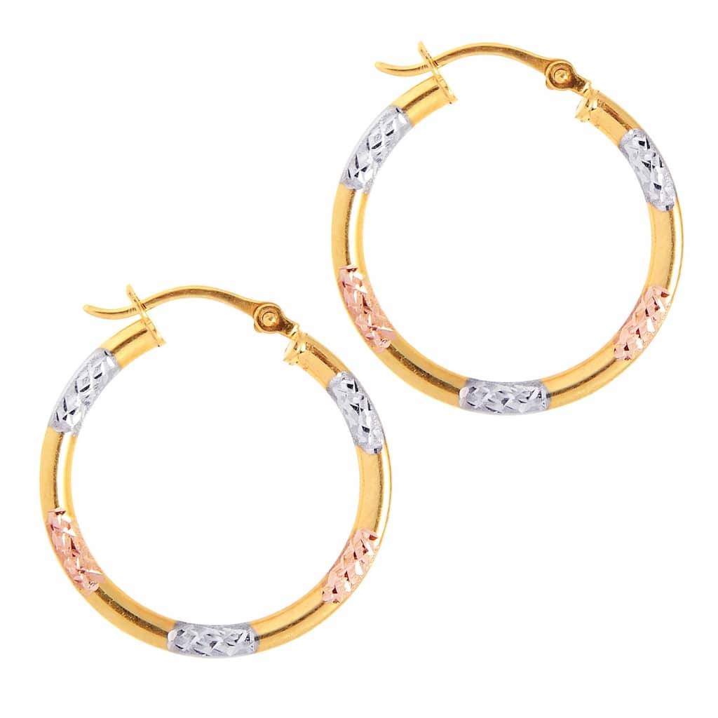 Curata 10k Tri-color Gold 20mm Sparkle Cut Round Hoop Earrings