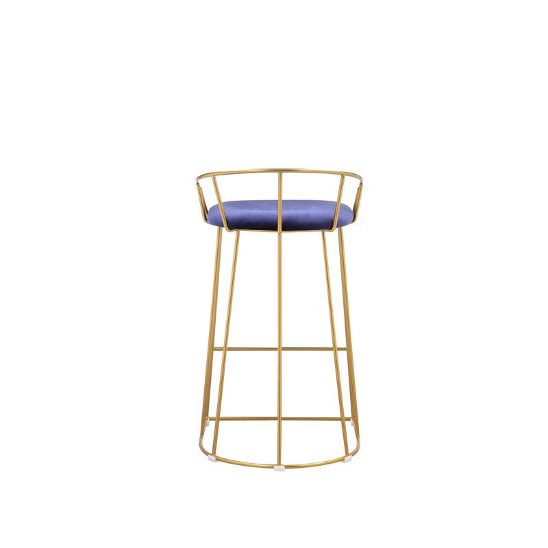 Cato 27 Inch Counter Stool Chair, Blue Velvet, Gold Steel Open Metal Frame