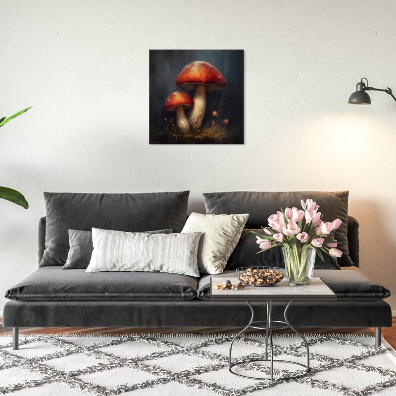 Wynwood Studio Canvas Floral and Botanical Mushrooms in the Night Red and Dark Gray Traditional Wall Art Canvas Print - 20 x 20