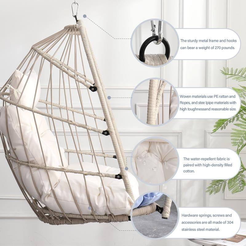 Rattan Egg Swing Chair – PE Wicker Hanging Chair For Garden, Patio & Outdoor Relaxation - 28.34in. W X40.50in.DX22.00in. H