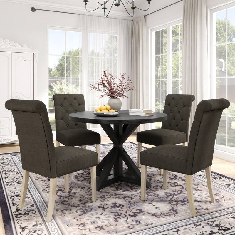 5 Piece Retro Round Dining Table Set with Cross-Buck Table Leg and 4 Upholstered Tufted Chairs, for Kitchen, Dining Room - Black,Charcoal