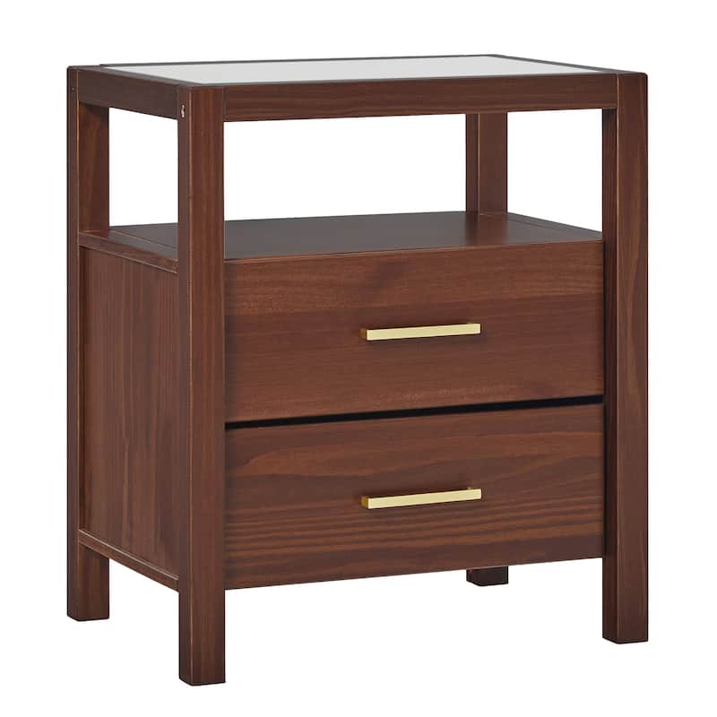Walker Edison Solid Wood Nightstand with Tempered Glass Top