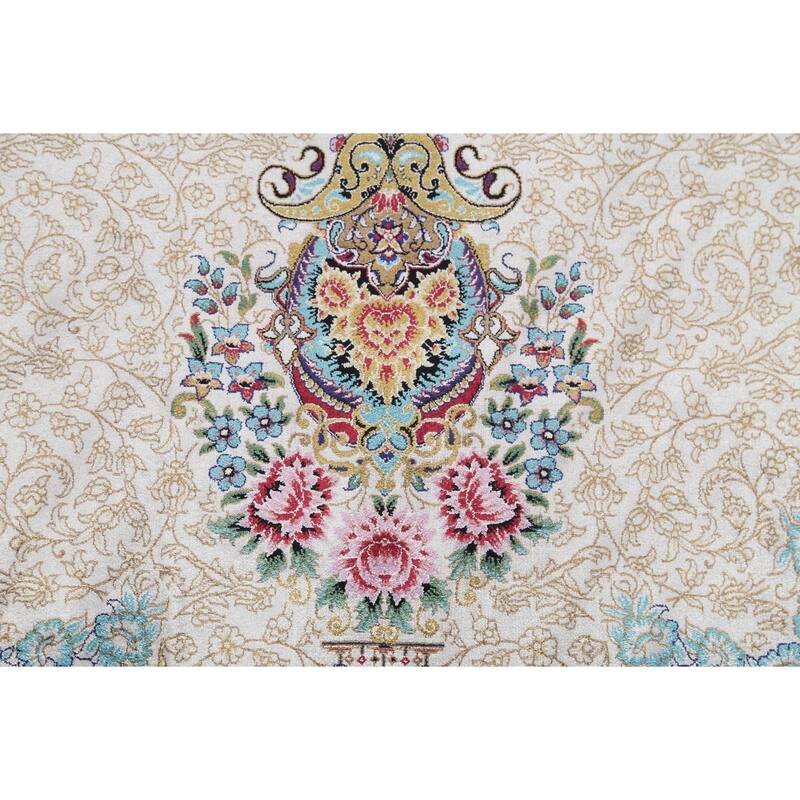 Victorian Style Qum Turkish Area Rug Beige Machine Made Carpet - 7'8" x 11'1"