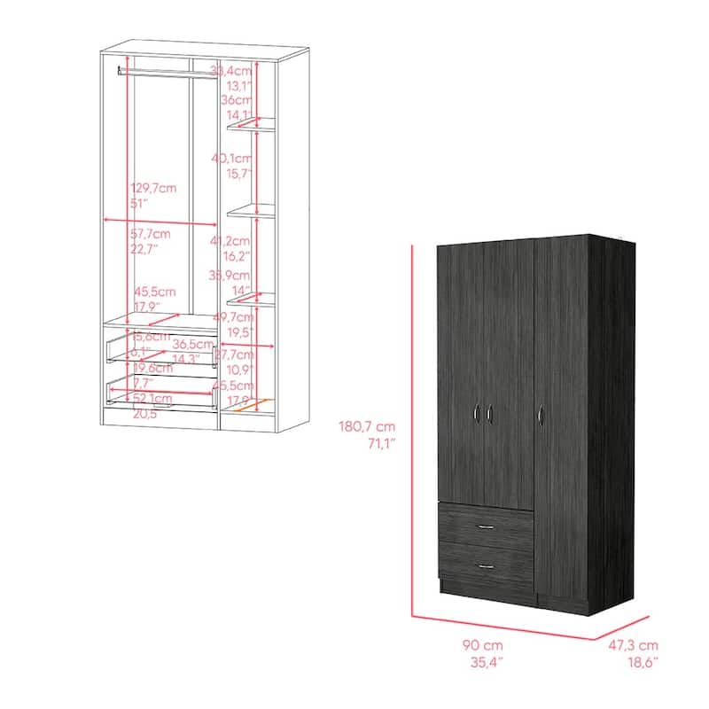 Three Door Armoire,Storage Cabinet with Drawers for Bedroom