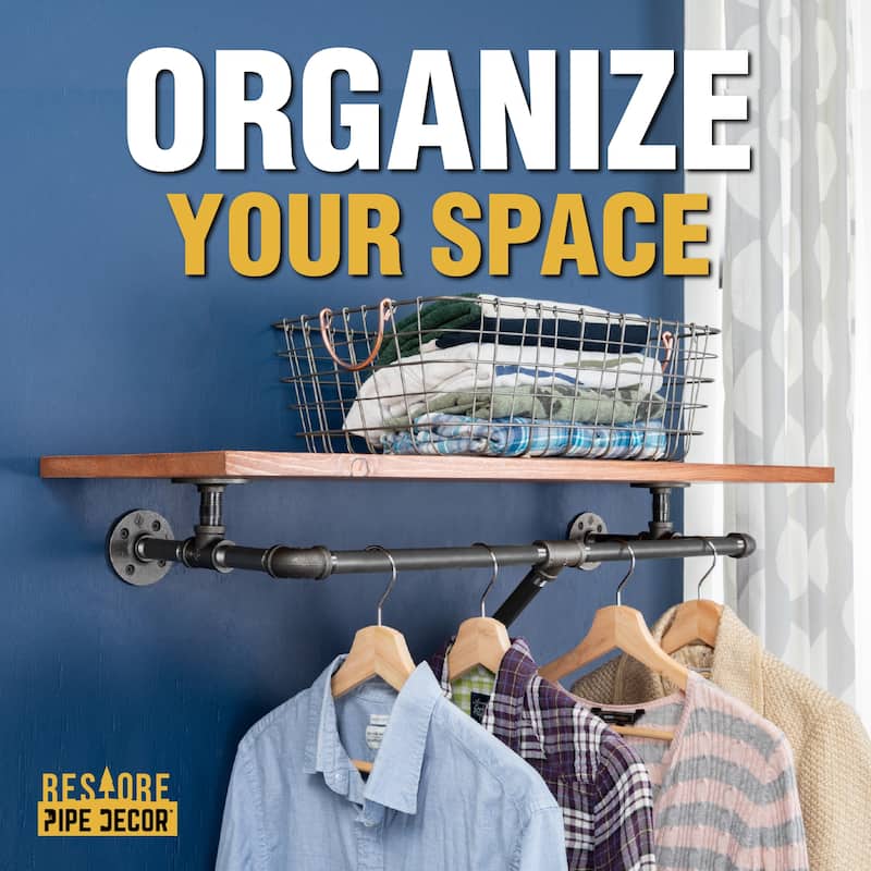 PIPE DECOR 36" Wall Mounted Clothing Rack with Wood Shelf and Industrial Steel Pipe