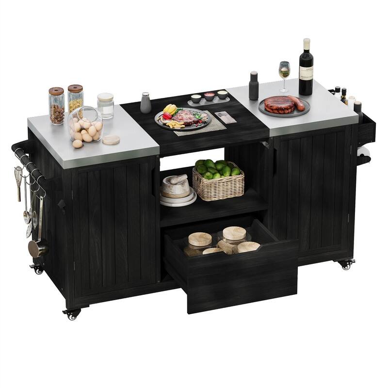 Outdoor Kitchen Island for Big Green Egg Grills, Solid Wood Outdoor Grill Cart w/Stainless Steel Top &Drawer, Patio Kitchen Cart
