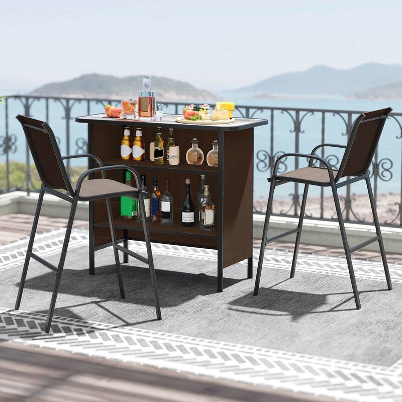 Costway 3 PCS Outdoor Bar Set Bar Height Table & Armchairs with - See Details