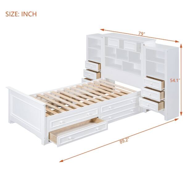 dimension image slide 1 of 2, All-In-One Bookcase Bed Twin Size Platform Bed w/ Drawers and Shelves