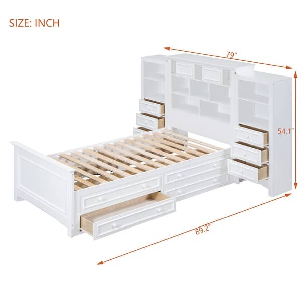 dimension image slide 1 of 2, All-in-One Bookcase Captains Bed Wood Storage Platform Bed with Storage Headboard and Drawers, Twin Size Space Saving Bed