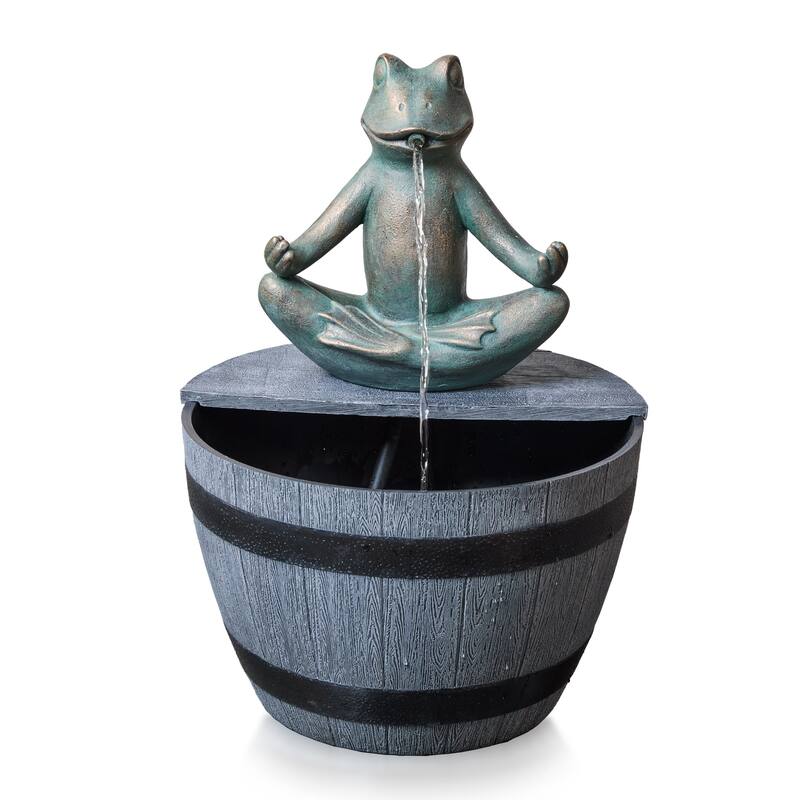 Rustic Polyresin Outdoor Fountain – Handcrafted Gray Frog and Barrel Design with Pumped Waterfall