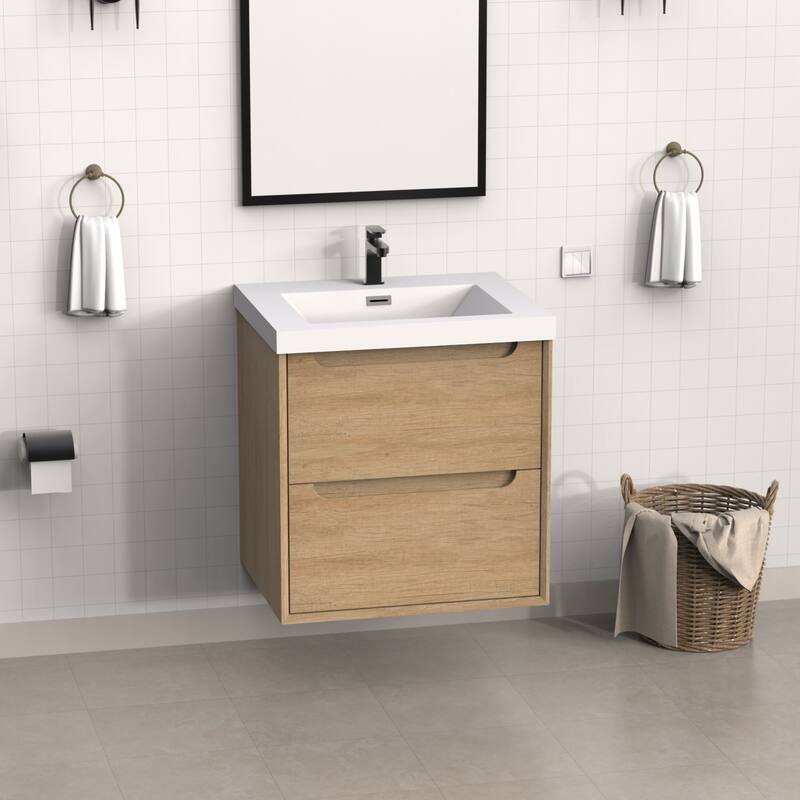 Integrated Resin Bathroom Sink, Modern Square Basin with Overflow, Seamless One-Piece Design - 24"