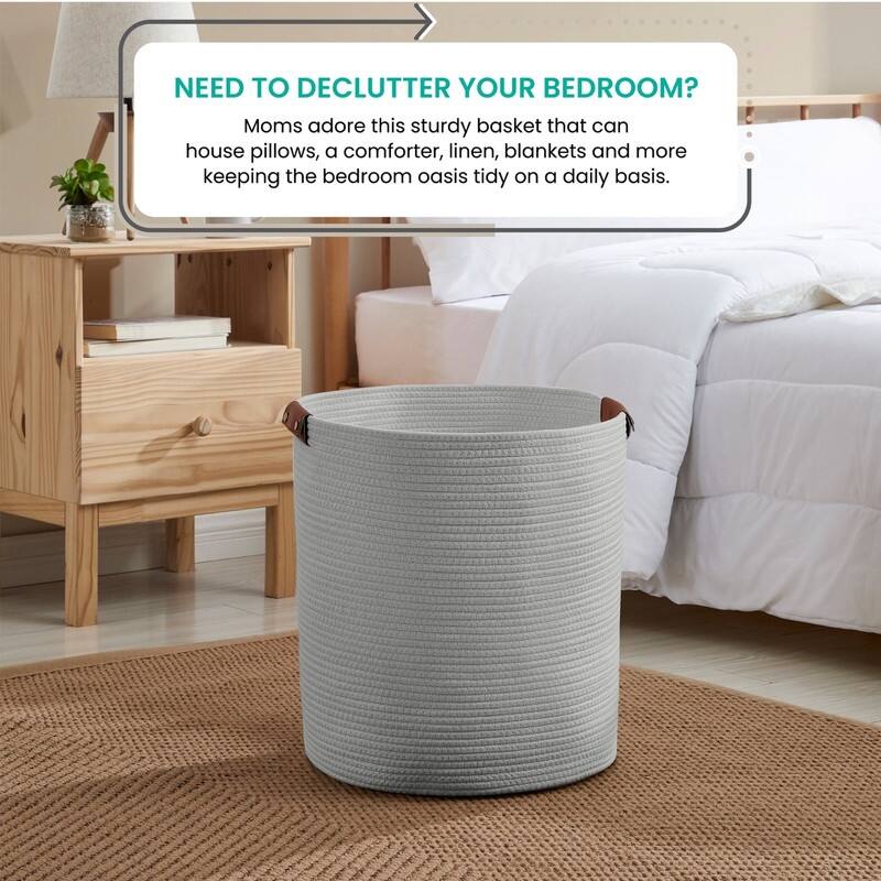 Large Cotton Rope Storage Basket Laundry Hamper Woven Basket with Leather Handles -16 x 18 - 16" x 16" x 18"