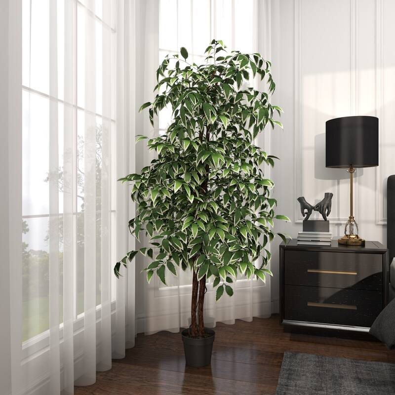 Green Faux Foliage Ficus Artificial Tree with Realistic Leaves and Black Plastic Pot