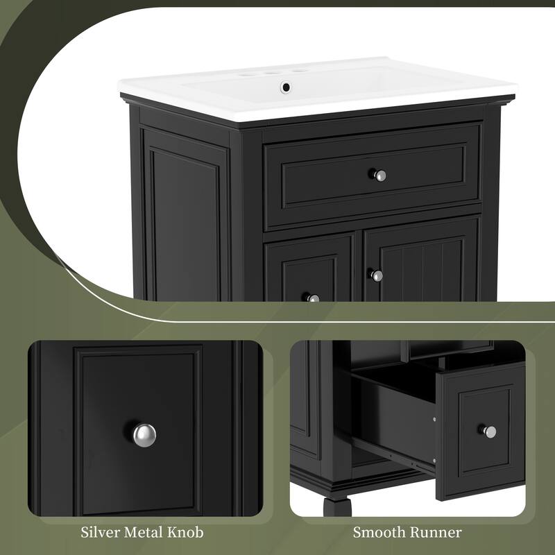 24" Bathroom Vanity with Sink, Flip Drawer & 2 Drawers, Solid Wood Frame, Adjustable Shelf, Ceramic Top