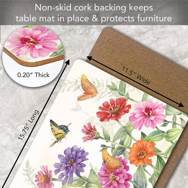 Zinnias & Butterflies Decorative Hardboard Cork Back Tabletop Placemats 4 Pack Manufactured in The USA Heat Tolerant