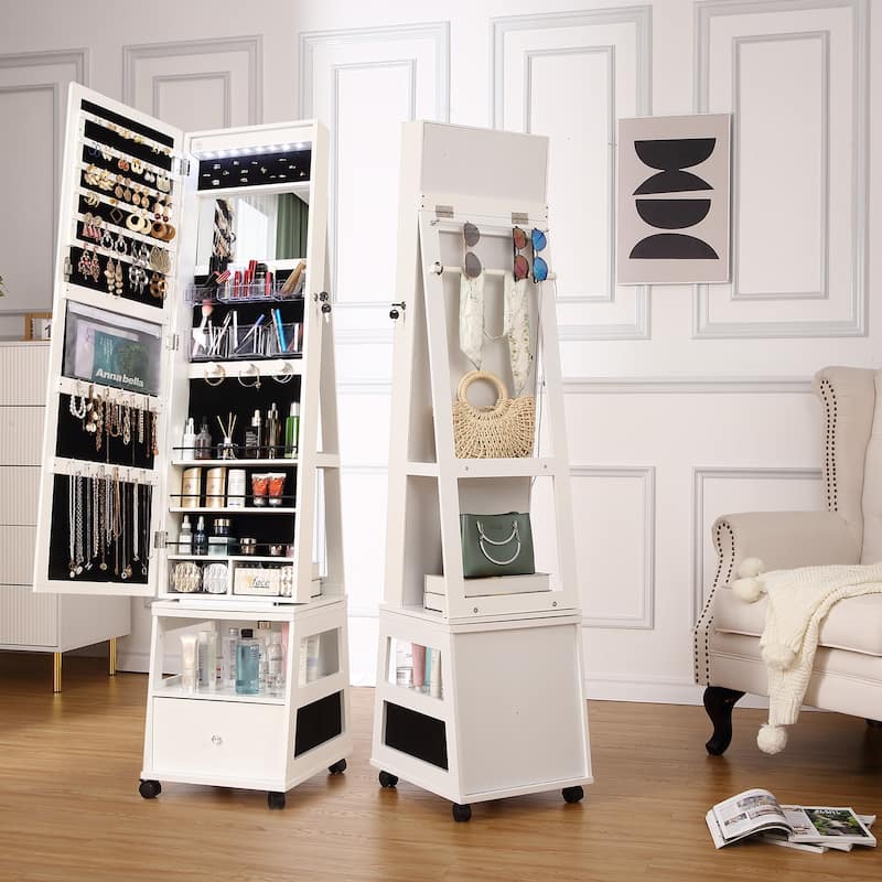 LED Vanity Mirror with Jewelry Storage Drawer, Shelf, Wheels