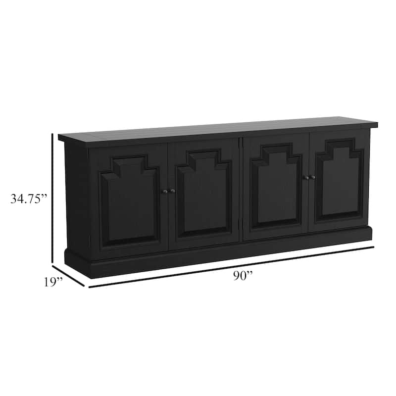 Som Dining Sideboard Buffet, 4 Carved Doors, Classic Black Pine Wood