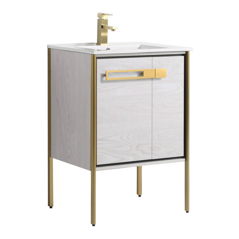 Fine Fixtures Oakville Bathroom Vanity with White Ceramic Sink - 24 Inch - Mild Grey Oak - Satin Brass Hardware