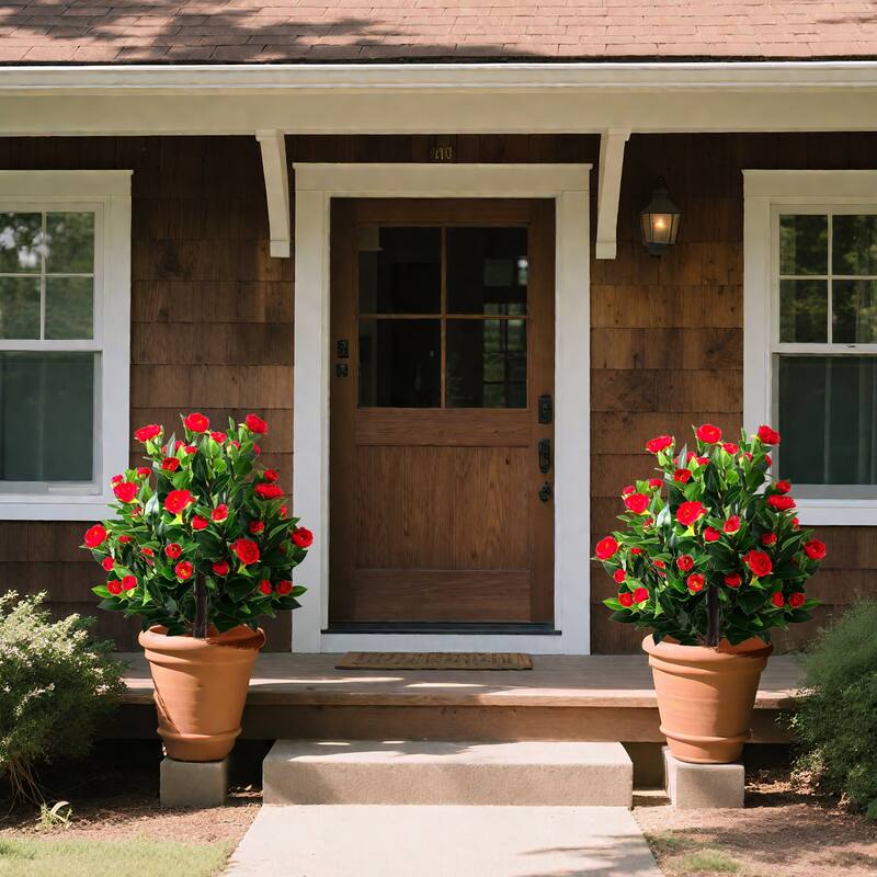 Gymax 2 Pack 31'' Artificial Camellia Tree Set w/Ground Spikes Floral