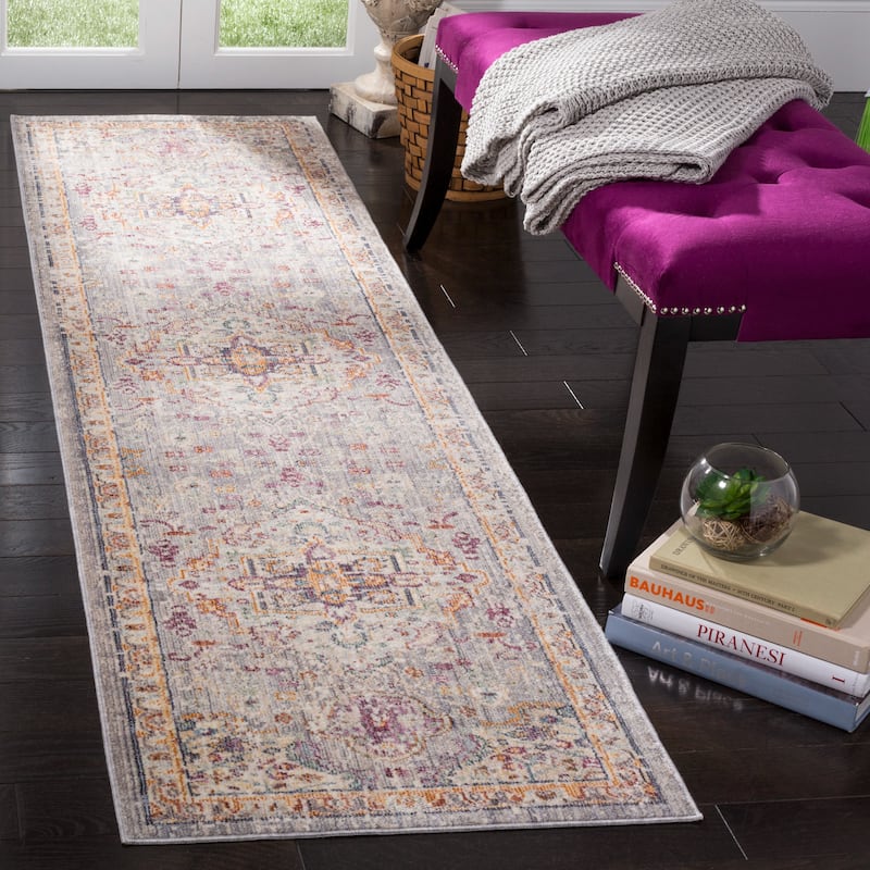 SAFAVIEH Illusion Julisa Vintage Boho Oriental Viscose Rug with Fringe - 2'3" x 8' Runner - Lilac/Light Grey - Runner