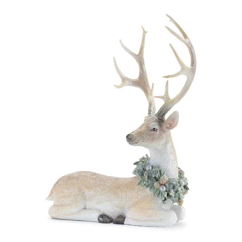 Glittered Deer Christmas Figurines with Holly Wreath - 11" - Set of 2