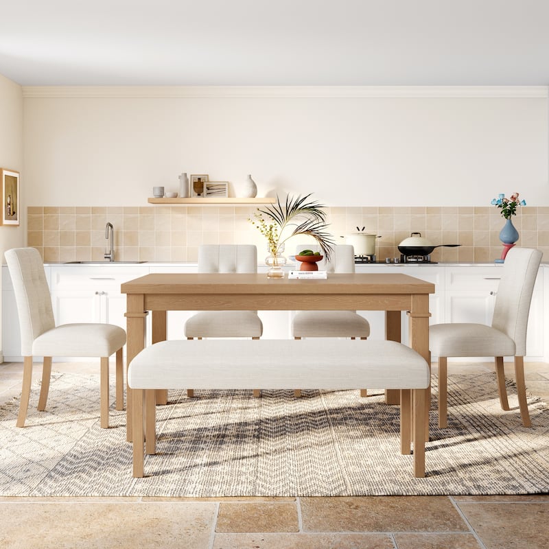 6 Piece Solid Wood Dining Table Set with Rectangle Dining Table, 4 Upholstered Chairs and 1 Bench for Dining Room